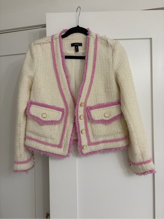 Aqua Denim - Aqua Cream Bouclé Jacket with Pink Fringe Trim